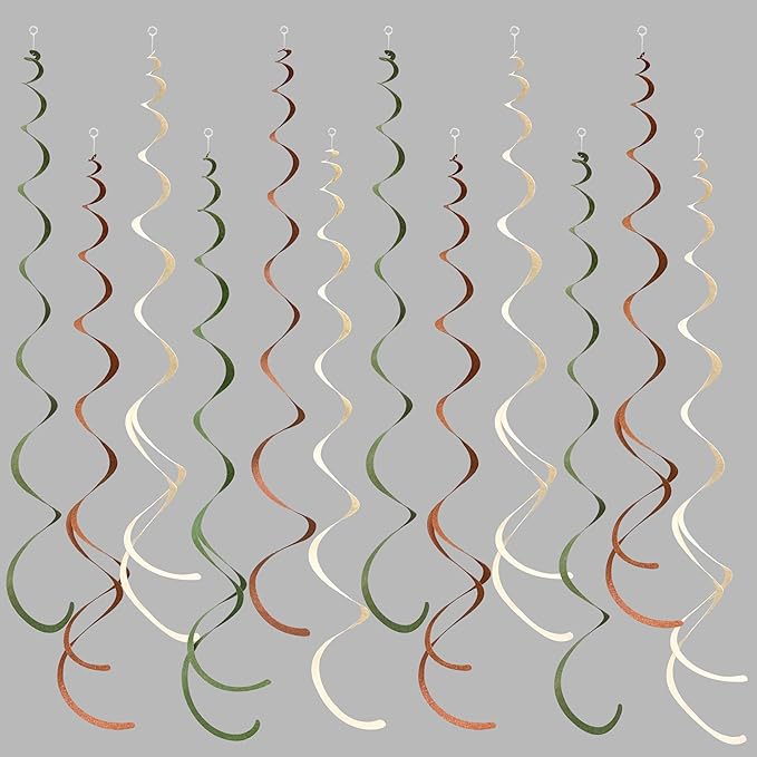 36 Pcs Jungle Hanging Swirl Decorations Sage Green Brown Beige Felt Swirl Streamer Spiral Ceiling Garland for Safari Jungle Woodland Wild One Birthday Neutral Baby Shower Party Decorations Supplies