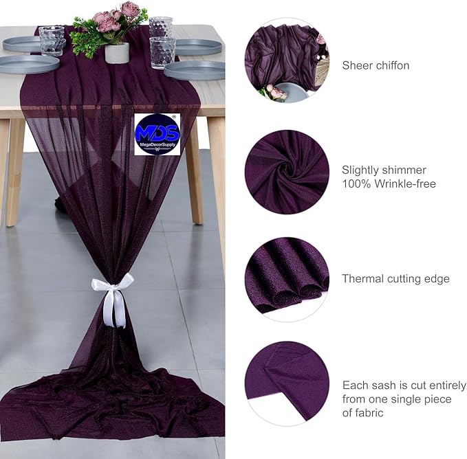 MDS Halloween Chiffon Table Runner - 5 Pack, 29 x 120 Inches, 10ft Each - Sheer Spooky Table Runners for Haunted House Parties, Trick-or-Treat Tables, Witchy Décor, Wedding & Events - Eggplant