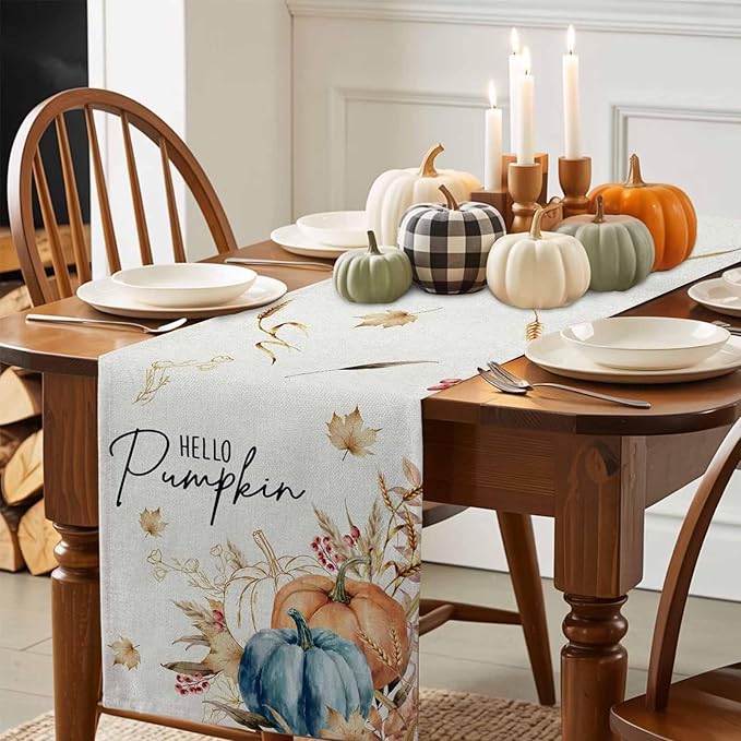Fall Thanksgiving Cotton Linen Table Runner for Dining Kitchen, Orange Pumpkins Outdoor Party Autumn Tablerunners Decoration, Rustic Wheat Leaves Dresser Scarf Coffee Tablecloth Runners 13x36 Inches