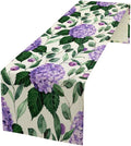 Spring Hydrangea Flower Table Runner, Seasonal Summer Plants Eucalyptus Leaves Purple Florals Dinner Runner for Home Kitchen Dining Table Party Holiday Decoration 13"x60"