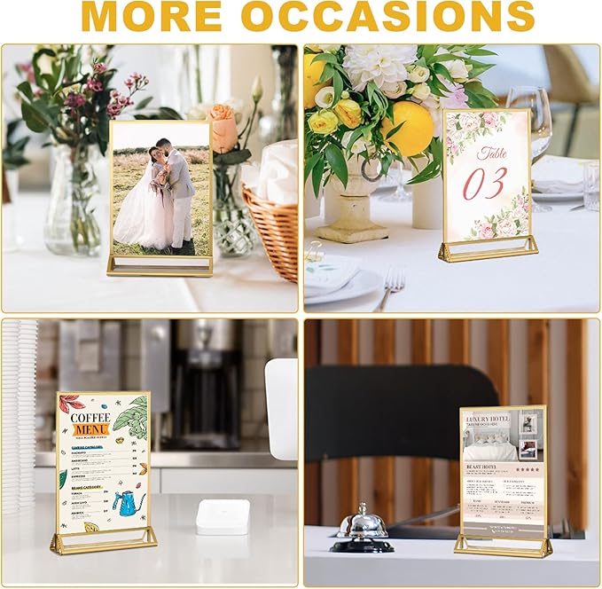 EHWINE 12 Pack Acrylic Sign Holder 4 x 6, Double Sided Gold Picture Frame Stand up Table Top Sign Holders, Clear Display Stand Menu Flyer Holder for Wedding Party