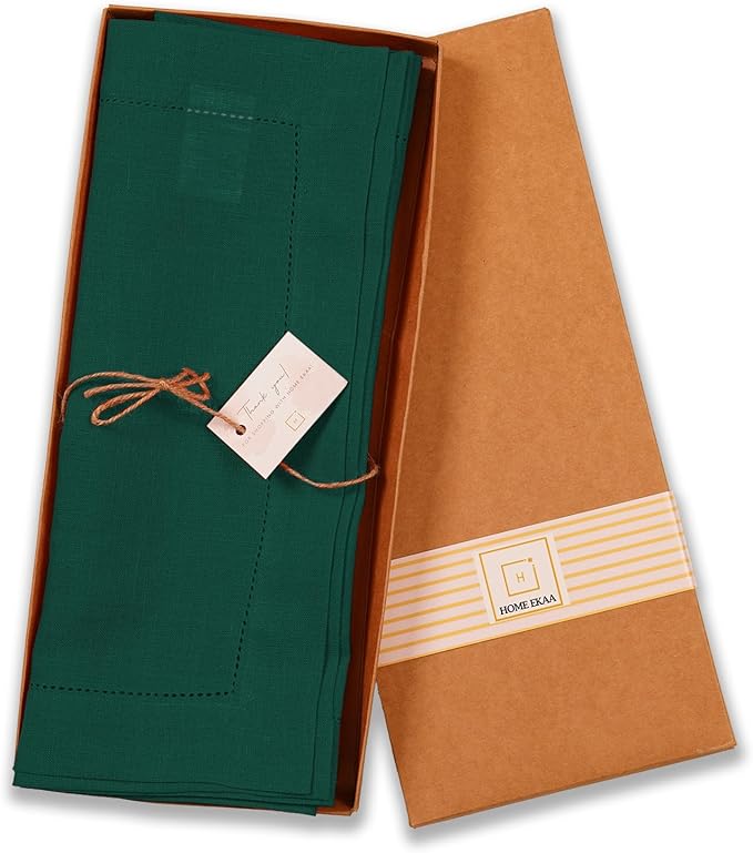 Linen Table Runner 14 x 120 Inch Long - 100% Pure Linen Christmas Green Table Runner - Cloth Fabric Hemstitch Runner for Thanksgiving, Christmas, Winter, New Year - Elara