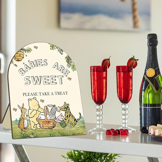 Classic Winnie Baby Shower Welcome Sign, Classic Pooh Babies are Sweet Please Take A Treat Sign, Cute Animals Decor Welcome Sign, Birthday Party Decor Supplies 9 * 11IN