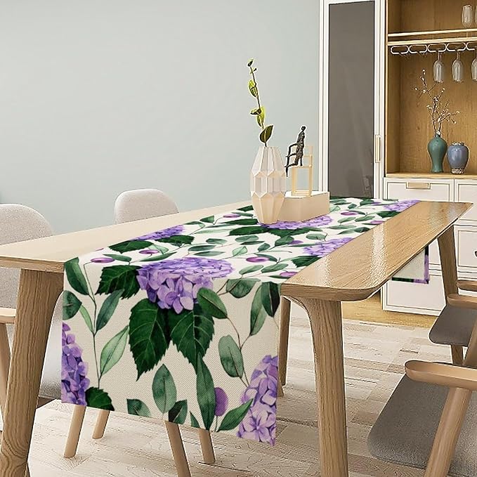 Spring Hydrangea Flower Table Runner, Seasonal Summer Plants Eucalyptus Leaves Purple Florals Dinner Runner for Home Kitchen Dining Table Party Holiday Decoration 13"x60"