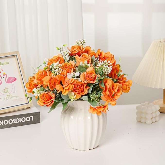 Artificial Flower 5 Branches Artificial Silk Fake Flowers Bouquet Small Roses for Wedding Home Office Tables Decor 4 Packs(Orange)