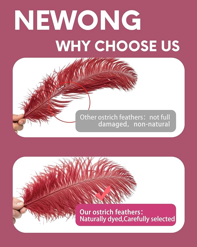 NEWONG 30pcs Wine red Ostrich Feathers Natural Bulk 8-10in（20-25cm） Vase Craft Wedding Home Party Centerpieces Christmas Day Decoration