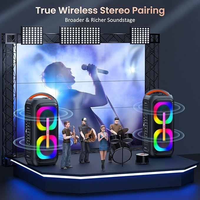 JYX Bluetooth Speaker with 2 Dual 60W 6.5" Subwoofer, PA System with 2 Wireless Mics, TWS Stereo Sound, Deep Bass & Recording for Party, 400W Peak Power Karaoke Machine