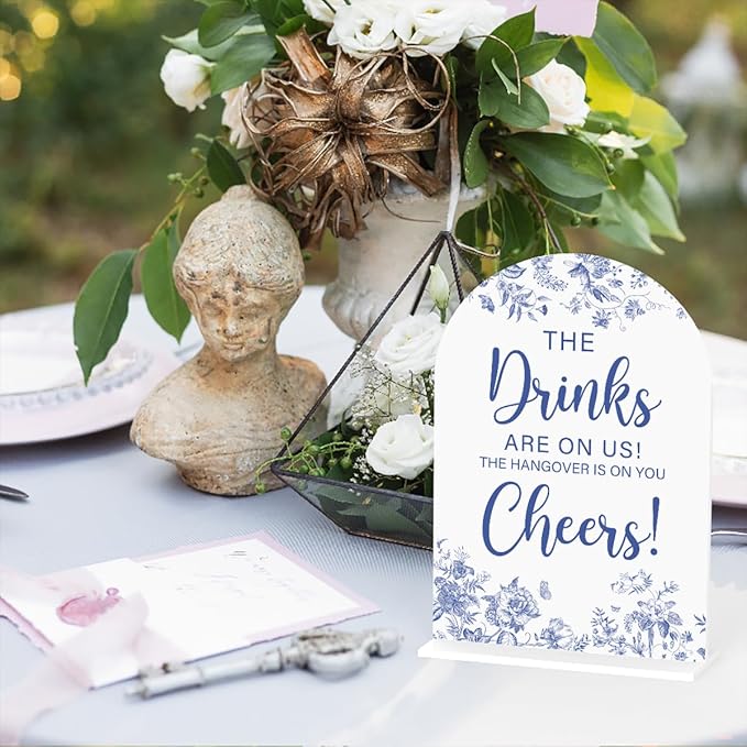 Acrylic Wedding Signs, Dusty Blue Wedding Decor, Blue Weddings Decor, The Drinks Signs for Reception, Modern Calligraphy Arch Acrylic Table Top Sign for Weddings Parties Dinners (White)