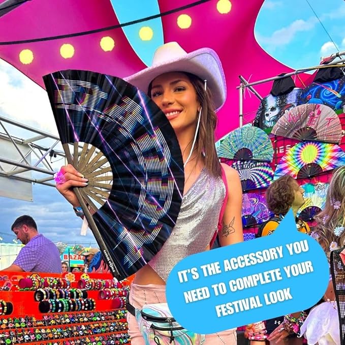 Kandies World Custom Festival Folding Hand Fan - Unique Designs, Made of Bamboo, Clacking Sound, Lightweight - Perfect Rave and Festival Accessory!