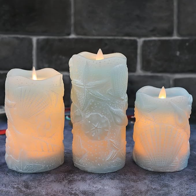 Silverstro Ocean Flameless Candles Remote Carved Seashell Real Wax Flicker Battery Operated Candles for Home Party Wedding Nautical Thanksgiving Christmas Easter Decor - Set of 3(Blue)
