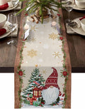 Christmas Gnomes Cotton Linen Table Runner for Dining Kitchen, Xmas Pine Tree Snowflake Rustic Wedding Outdoor Party Tablerunners Decoration, Retro Wood Dresser Scarf Tablecloth Runners 13x70 Inches