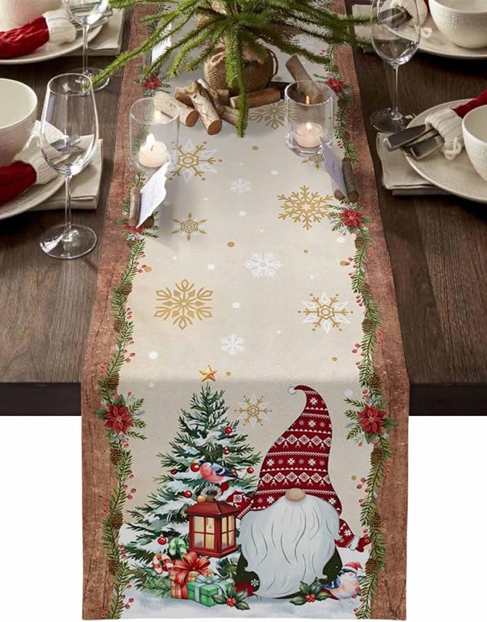 Christmas Gnomes Cotton Linen Table Runner for Dining Kitchen, Xmas Pine Tree Snowflake Rustic Wedding Outdoor Party Tablerunners Decoration, Retro Wood Dresser Scarf Tablecloth Runners 13x72 Inches