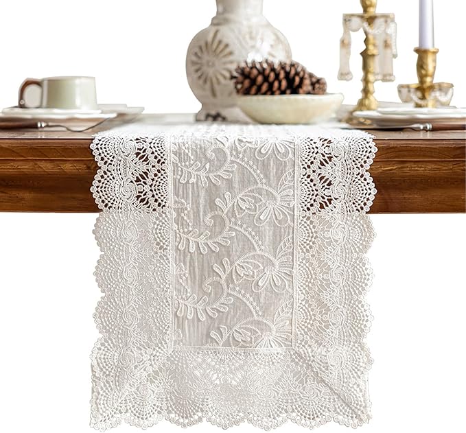 White Elegant Vintage Lace Table Runner,Wedding Lace Decor with Floral Embroidery,Tea Party Decor (White, 13.8X71 Inches)