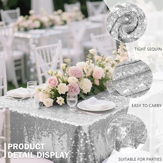 OQSQ Silver Sequins Tablecloth 60x102 inch, Sparkly Glitter Table Cover for Wedding Birthday Party Prom Decorations