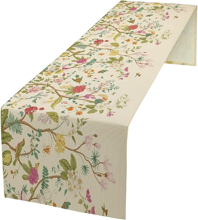 Floral Table Runner, Vintage Birds Wildflowers Herbs Nature Theme Linen Long Table Kitchen Dining Table Holiday Party Decorative Table Runner,13in（33cm） W * 72in（184cm） L