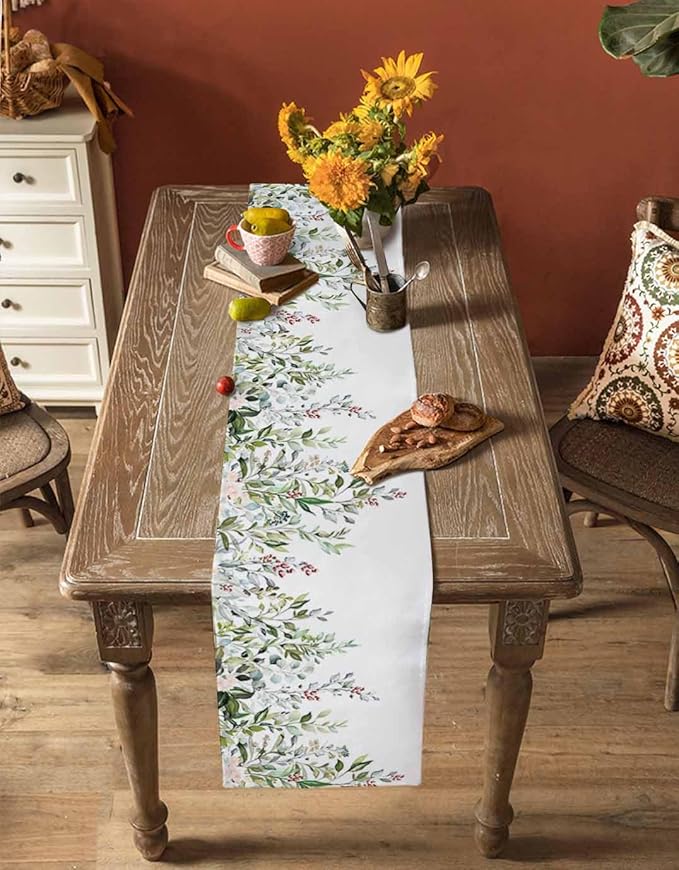 Botanical Eucalyptus Cotton Linen Table Runner for Dining Kitchen, Wedding Outdoor Party Tablerunners Decoration, Sage Green Leaves Elegant Floral Dresser Scarf Coffee Tablecloth Runners 13x90 Inches