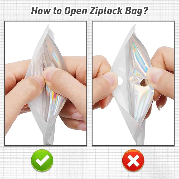 Funfery 100 Pack Gradient Holographic Bags,Mylar Resealable Bags with Zipper,Clear Window Packaging Pouch,Smell Proof Bag for Food Storage,Sample Jewelry Baggies(2.7×3.9in,White Black)
