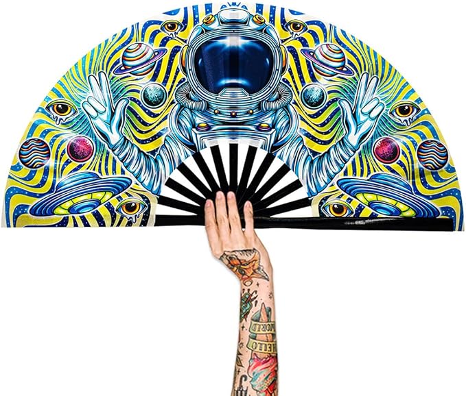 13" Large Rave Fan Bamboo, Folding Clack Hand Fans Foldable for Men Women, Boots on the Ground Poping Fan for EDM Festival Line Dance Decoration, (Space, Large 13")