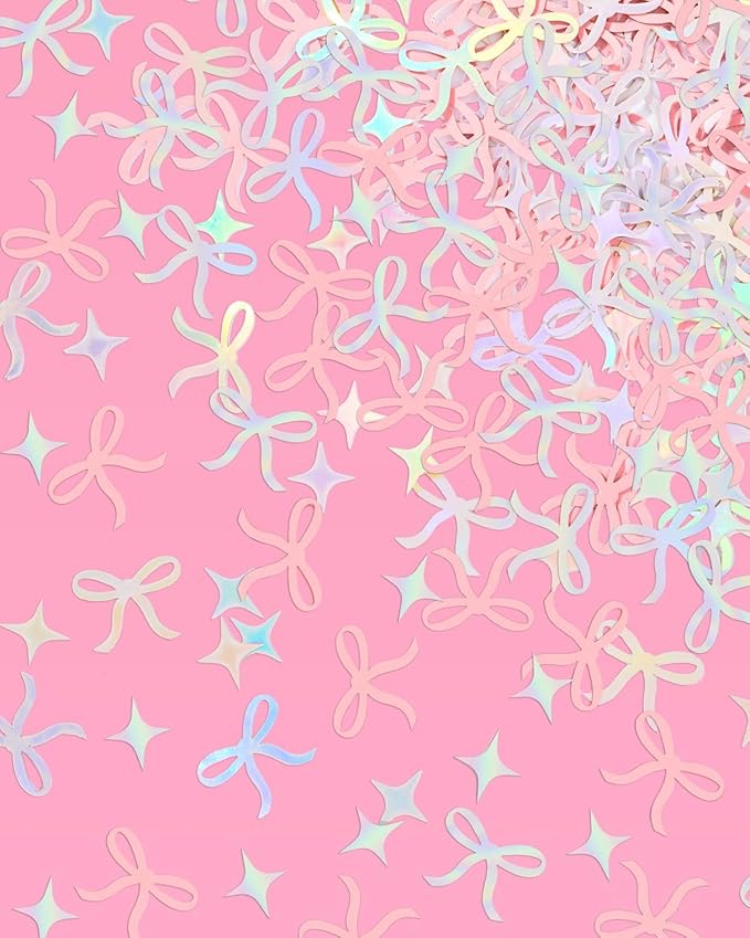 xo, Fetti Bow Confetti - 200 pc | Bachelorette Party Pink and Iridescent, Engagement Party Decoration, Tying the Knot Table Decor, Bride To Be Coquette Ribbon Bridal Shower Supplies
