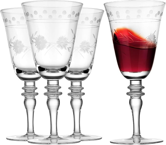 Premium Delight Wine Glasses Set of 4, 14.2 oz – Hand-Blown with Etched Long Stem, Classic Glassware for Weddings, Dinners, and Holiday Gifting (Vintage Wine Glasses)
