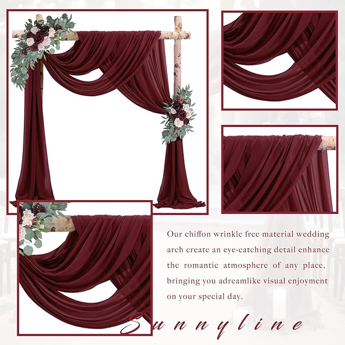 20Ft Length x 28" Width Wedding Arch Draping Fabric 4 Panels Burgundy Arch Drapes Chiffon Fabric Sheer Curtains Backdrop for Party Decorations Wedding Ceremony Bridal Ceiling Stage Reception Decor