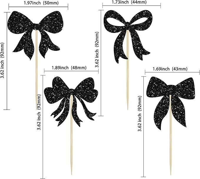Gyufise 36Pcs Bow Cupcake Toppers Glitter Girls Birthday Decorations Bowknot Cupcake Picks Bow Tie Birthday Decorations Bow Cake Toppers for Bridal Baby Shower Bachelorette Party Supplies Black