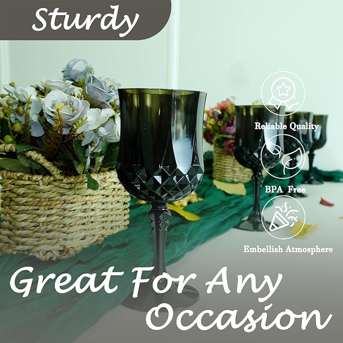 Plastic Wine Glasses，Plastic Goblets Vintage Style Cordial Drinking Glasses for Wedding Reception, Halloween Grand Event Party Supplies (48, Black)