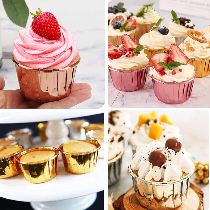 Gold Cupcake Liners with Lids 100Pack,Free-Air 3.5Oz Mini Muffin Liners Cupcake Wrappers,Foil Cupcake Baking Cups,Disposable Ramekins Muffin Tins for Wedding Birthday Party, with Spoons-Gold