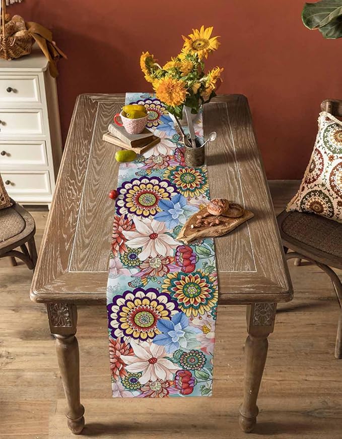 Boho Flowers Cotton Linen Table Runner for Dining Kitchen, Wedding Outdoor Party Tablerunners Decoration, Colorful Floral Farm Vintage Botanical Dresser Scarf Coffee Tablecloth Runners 13x60 Inches