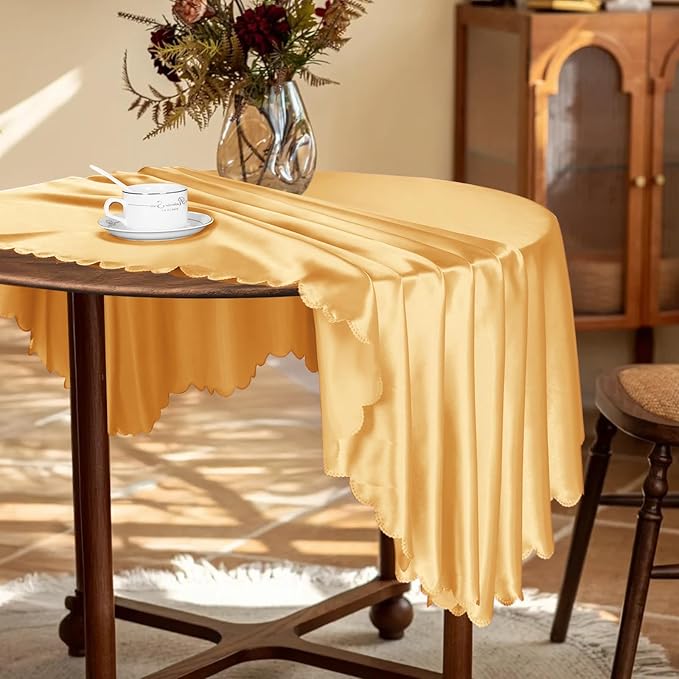 KKJIAF 1 Pack 60 Inch / 5ft Round Table Cloth, Gold Overlay Round Satin Table Cover, Silky Satin Dining Tablecloths for Wedding Buffet Parties Banquet Decoration