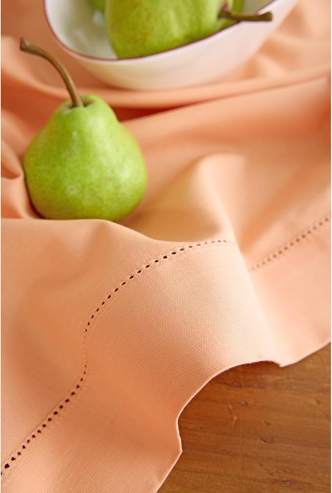 Solino Home Cotton Linen Table Runner 108 Inches Long - Hemstitch Peach Bloom Dining Table Runner 14 x 108 Inch