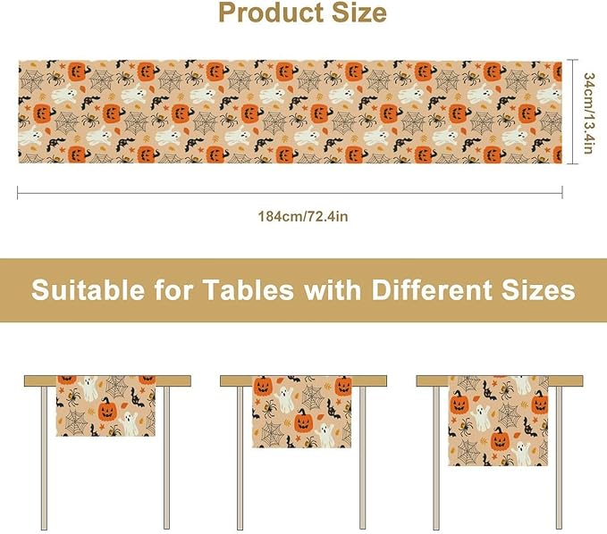 Halloween Table Runner,Cute Ghost Pumpkin Leaves Table Runner for Kitchen Dining Table Decoration Home Party Decor 13x90 Inch