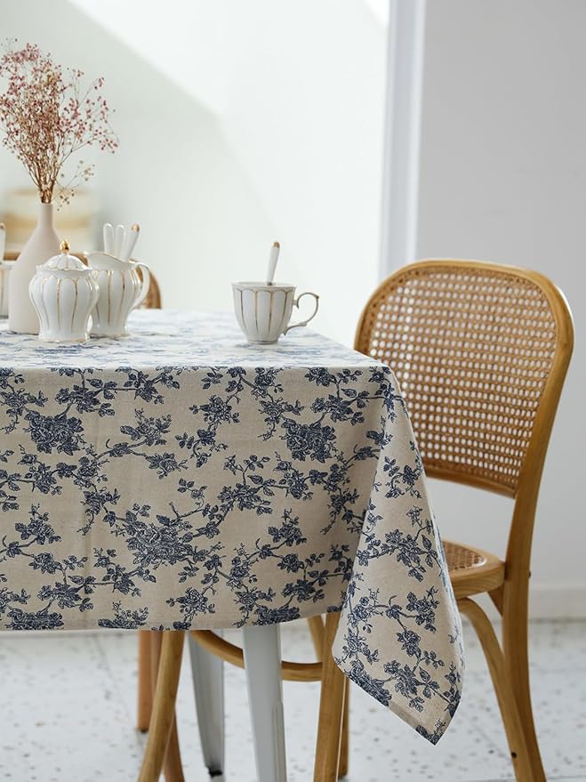 Pastoral Rectangle Tablecloth - 60 x 84 Inch - Beige Linen Table Cloth - Washable Table Cover with Dust-Proof Wrinkle Resistant for Restaurant, Picnic, Indoor and Outdoor Dining, Floral (Dark Blue)