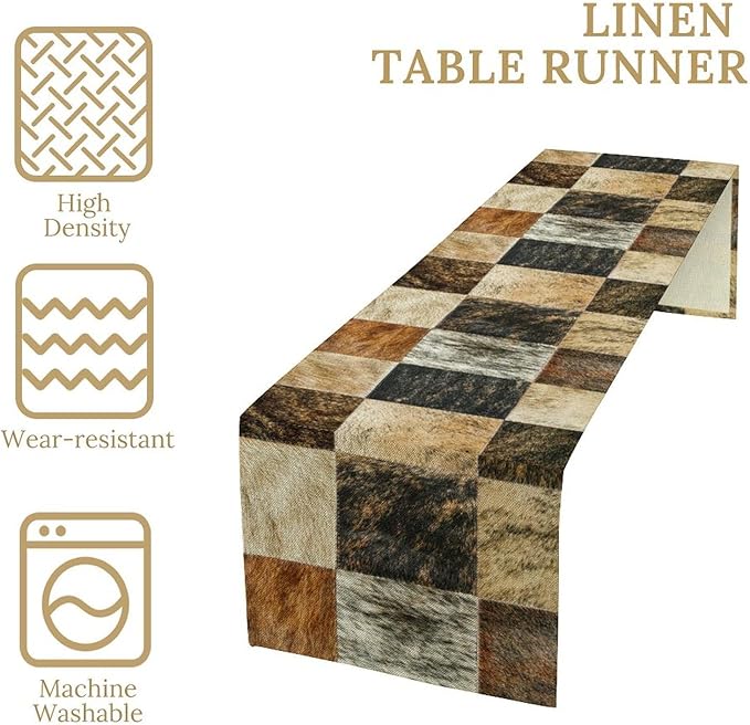 Rustic Cow Skin Patchwork Print Table Runner, Farmhouse Country Western Style Fur Table Cover for Dinning Home Party Holidays Home Setting, 13x120 Inch