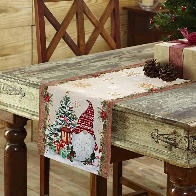 Christmas Gnomes Cotton Linen Table Runner for Dining Kitchen, Xmas Pine Tree Snowflake Rustic Wedding Outdoor Party Tablerunners Decoration, Retro Wood Dresser Scarf Tablecloth Runners 13x60 Inches