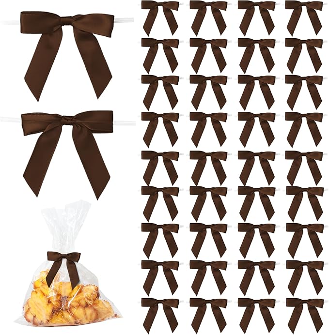 50Pcs Brown Twist Tie Bows for Gift Wrapping 2.5" Satin Ribbon Bow for Treat Bags Balloons Birthday Party Favors Wedding Decorations