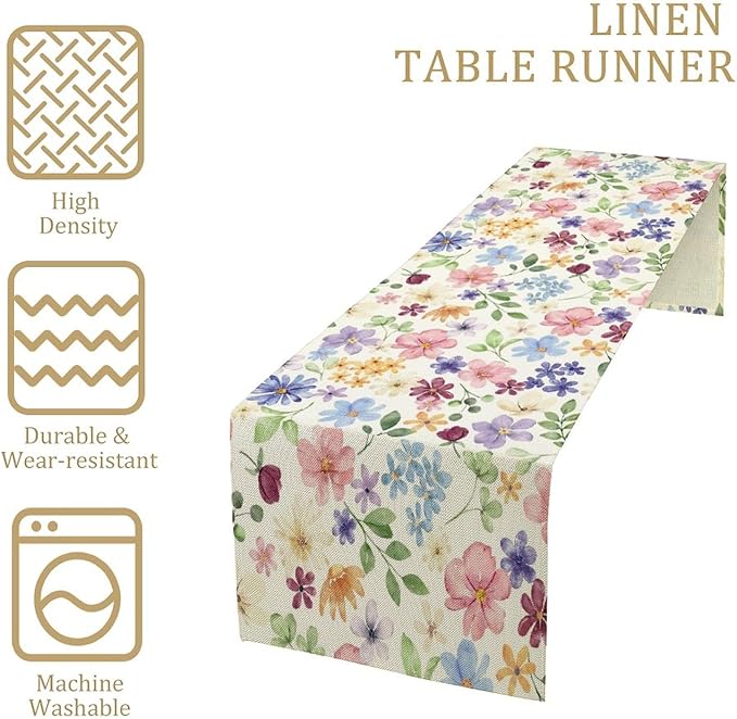 Floral Decorative Table Runner, Watercolor Floral Botanical Rustic Modern Style Pattern Printed Long Table Runner for Restaurant Kitchen Party,13in（33cm） W * 108in（274cm） L