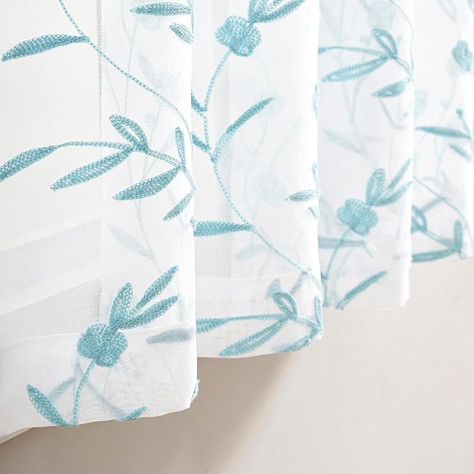 Sheer Curtains White-Blue Embroidery 63 Inch Length Rod Pocket Voile Drapes for Living room, Bedroom, Window Treatments Semi Flower Pattern Curtain Panels for Yard, Farmhouse, Set of 2, 52"x 63".