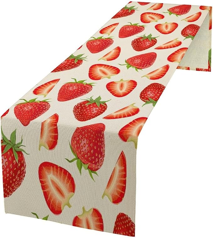 Strawberry Table Runner Spring Summer Wild Berry Fruit Theme Dinner Runner for Girl Baby Shower Party Holiday Home Kitchen Dining Table Decor 13x36