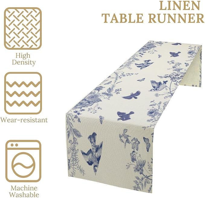 Monochrome Sketch Flowers Bird Table Runner, Seasonal Spring Fall Plants Blue Florals Dinner Runner for Home Kitchen Dining Table Party Holiday Decoration 13"x36"