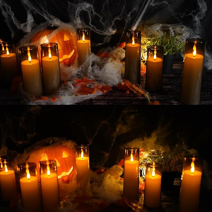 Flickering Flameless Candles Battery Operated with Remote and 2/4/6/8 H Timer Plexiglass Led Pillar Candles Pack of 9 (D2.3 xH 6" 7" 8") with Realistic Moving Wick Candles for Home Decor(Grey)