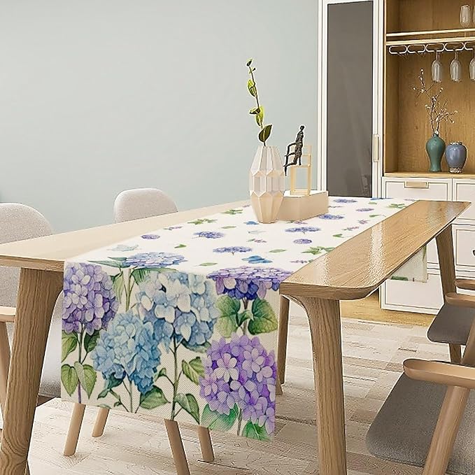 Spring Hydrangea Flower Table Runner, Seasonal Summer Plants Watercolor Florals Butterfly Dinner Runner for Home Kitchen Dining Table Party Holiday Decoration 13"x60"