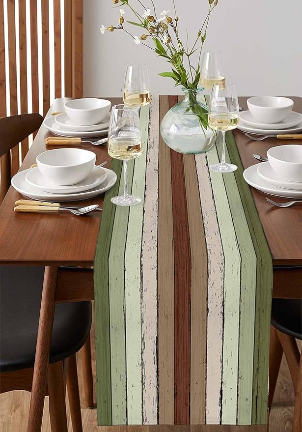 Sage Green Wooden Cotton Linen Table Runner for Dining Kitchen, Wedding Outdoor Party Tablerunners Decoration, Vintage Country Retro Distressed Grain Dresser Scarf Coffee Tablecloth Runners 13''x60''