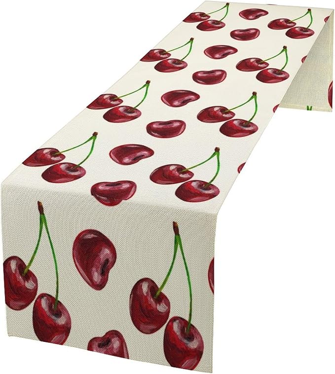 Red Cherry Table Runner Watercolor Spring Summer Wild Berry Tropical Fruit Theme Dinner Runner for Girl Baby Shower Party Holiday Home Kitchen Dining Table Decor 13x120