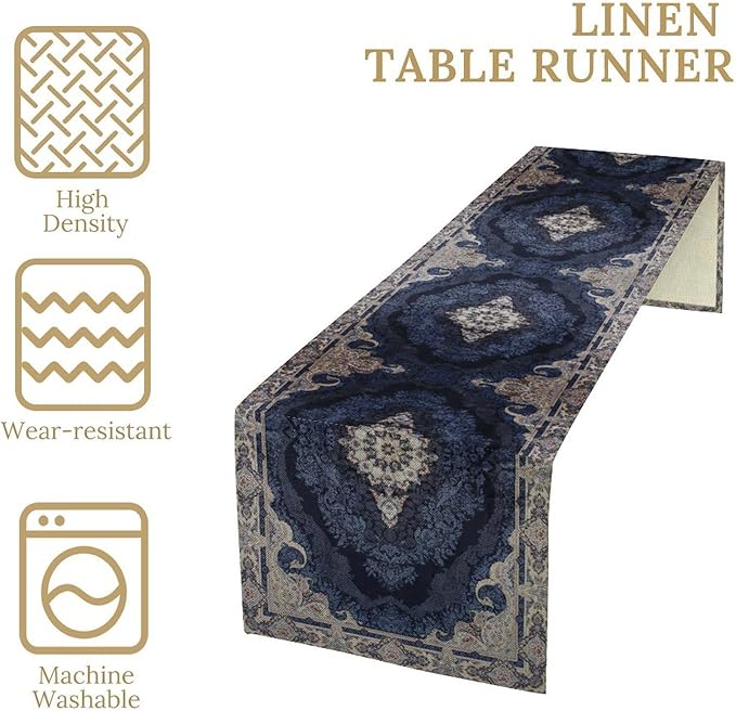 Vintage Boho Floral Table Runner, Rustic Country Farmhouse Dark Blue Grey Retro Flower Pattern for Home Kitchen Table Decor Dining Coffee Room Party Decor 13x108in