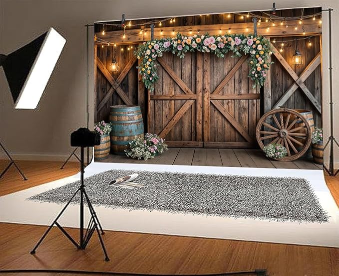 6x6ft Country Wedding Photography Backdrop Rustic Barn Door Photography Backdrop Farmhouse Pink Flower Cabin Wooden Birthday Baby Shower Wedding Bridal Party Banner Photo Booth Props Background