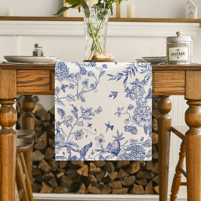 Artoid Mode Monochrome Sketch Birds and Flowers Spring Table Runner, Seasonal Summer Fall Kitchen Dining Table Decoration for Home Party Decor 13x48 Inch