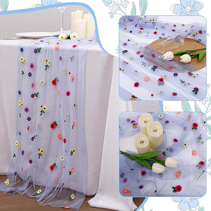 BINBE 1pcs Daisy Fall Table Runner Embroidery Gauze 10FT Florals Seasonal Tulle Holiday Birthday Kitchen Dining Table Decor for Home Party Blue