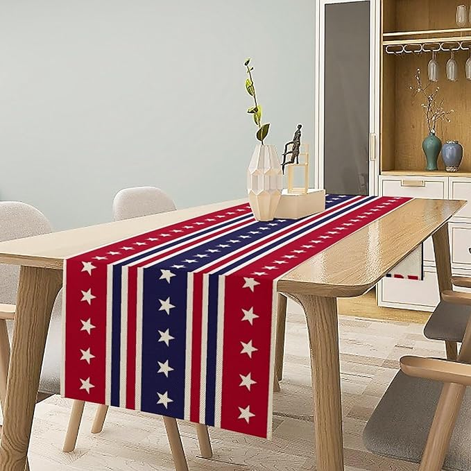 4th of July Table Runner, USA Flag Stars Stripes American Independence Day Red Blue White Stars Lines Print Table Cover for Farmhouse Kitchen Indoor Outdoor Home Party, 13x36inch