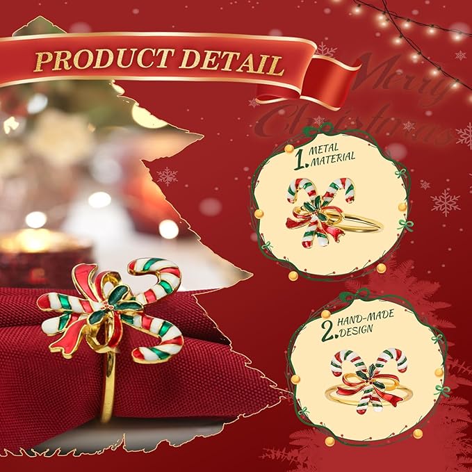 KPOSIYA 12PCS Christmas Napkin Rings Set of 6 and 6pcs Red Napkins Cloth, Metal Xmas Napkin Ring Holders for Winter Christmas Holiday Dinner Party Table Decoration